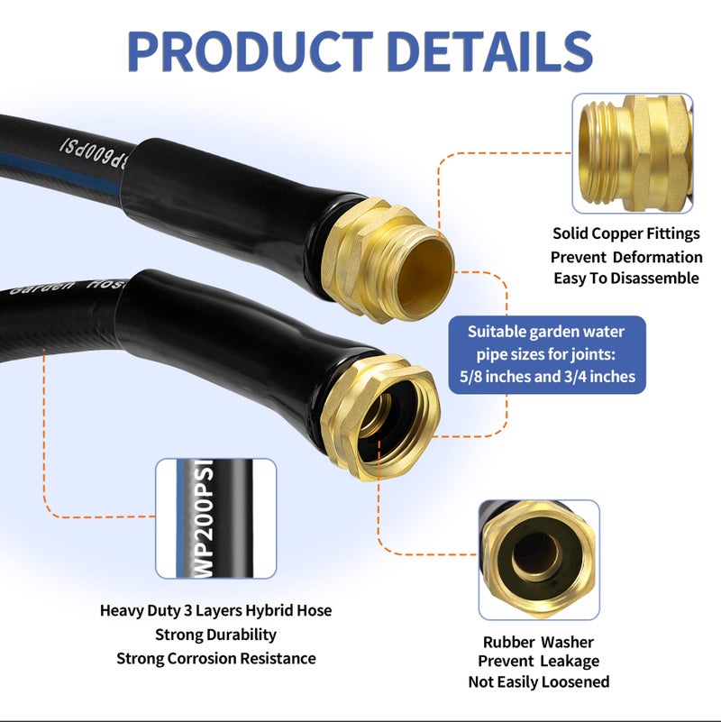 VIHEG 25 FT Garden Hose  Flexible No Kink Heavy Duty Garden Water Hose Flex Copper Bullet Collapsible Washer Rubber Hose 5/8 Soft Lightweight Outdoor Waterhose Manguera Para Jardin - Image 2